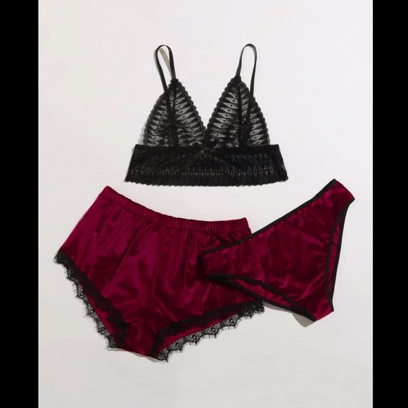 Other - 3-Piece, Red & Black, Velvet & Lace, Lingerie Set